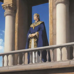 Anime scene of a king standing on his palace balcony, looking out over his kingdom with a mix of pride and contemplation.