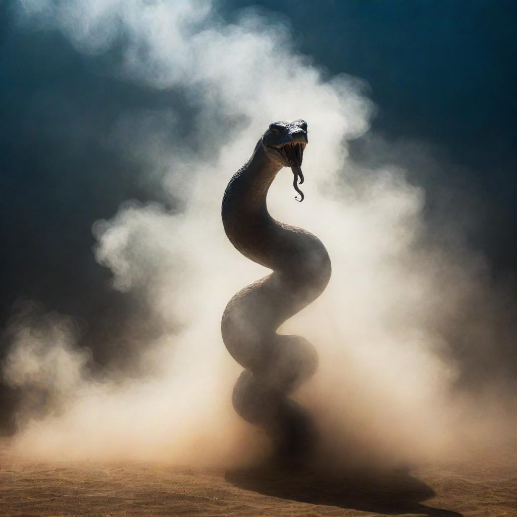 A majestic image of a genie forming from mist and shadow, undulating into the shape of a powerful snake, bathed in otherworldly light.