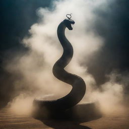 A majestic image of a genie forming from mist and shadow, undulating into the shape of a powerful snake, bathed in otherworldly light.