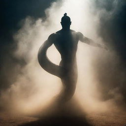 A majestic image of a genie forming from mist and shadow, undulating into the shape of a powerful snake, bathed in otherworldly light.