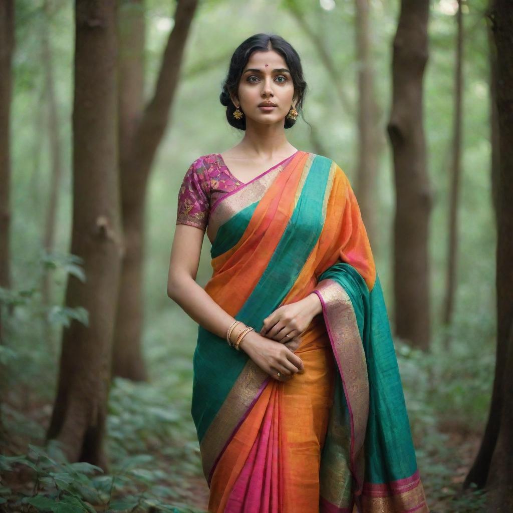 An ethereal goddess elegantly draped in a colorful saree, standing amidst a lush forest, her eyes thoughtfully searching for a cow.