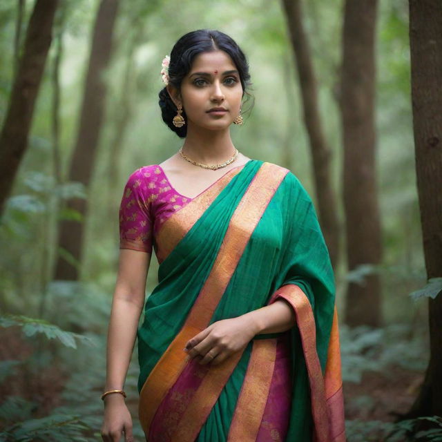 An ethereal goddess elegantly draped in a colorful saree, standing amidst a lush forest, her eyes thoughtfully searching for a cow.