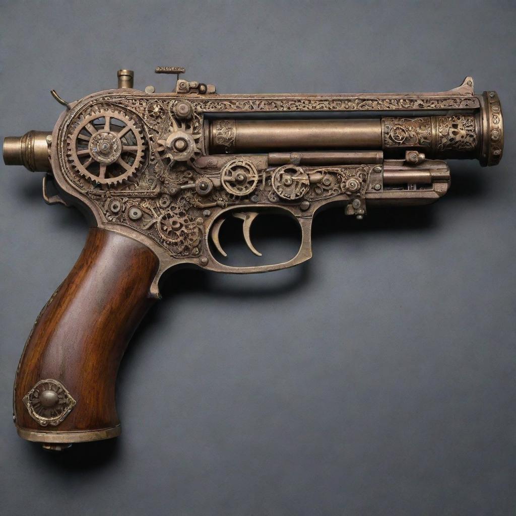 An elaborate steampunk submachine gun adorned with ornate gears, gleaming brass fittings, and elegant wooden elements.