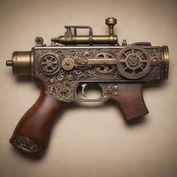 An elaborate steampunk submachine gun adorned with ornate gears, gleaming brass fittings, and elegant wooden elements.