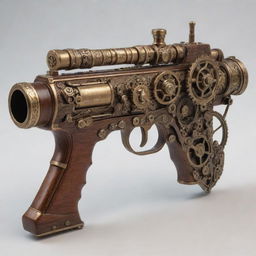 An elaborate steampunk submachine gun adorned with ornate gears, gleaming brass fittings, and elegant wooden elements.