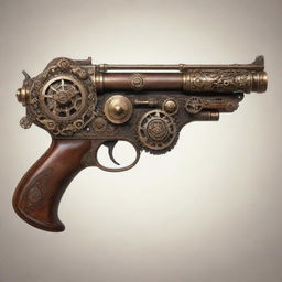 An elaborate steampunk submachine gun adorned with ornate gears, gleaming brass fittings, and elegant wooden elements.