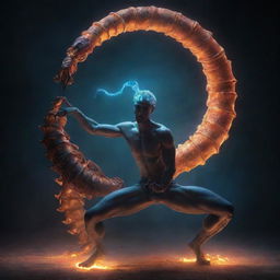 An ethereal depiction of a genie metamorphosing into a formidable scorpion, illuminated by an uncanny glow, capturing its inherent mystique.