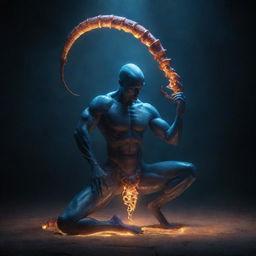 An ethereal depiction of a genie metamorphosing into a formidable scorpion, illuminated by an uncanny glow, capturing its inherent mystique.