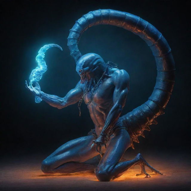 An ethereal depiction of a genie metamorphosing into a formidable scorpion, illuminated by an uncanny glow, capturing its inherent mystique.