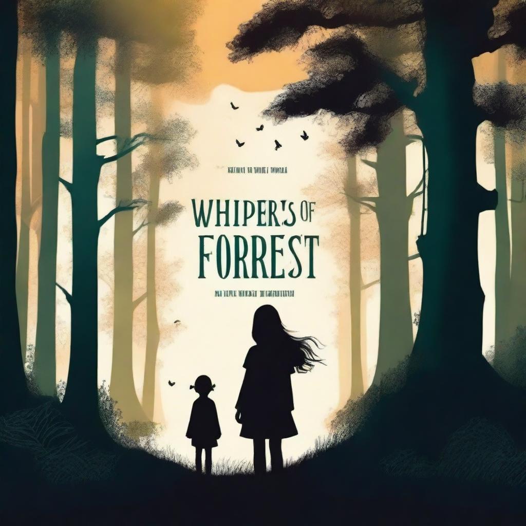 Create a captivating book cover with a mysterious forest in the background and a silhouette of a young girl standing at its edge