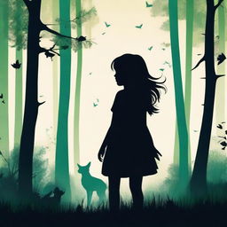 Create a captivating book cover with a mysterious forest in the background and a silhouette of a young girl standing at its edge