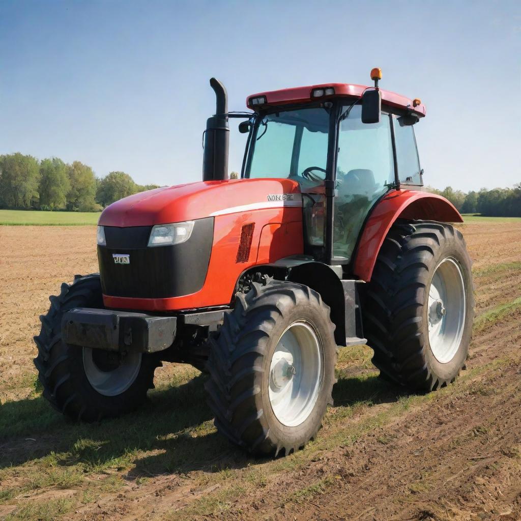 A realistic, vividly detailed image of a modern tractor, gleaming under sunlight on a farm field.