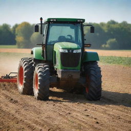 A realistic, vividly detailed image of a modern tractor, gleaming under sunlight on a farm field.