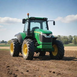 A realistic, vividly detailed image of a modern tractor, gleaming under sunlight on a farm field.