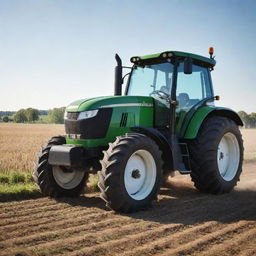 A realistic, vividly detailed image of a modern tractor, gleaming under sunlight on a farm field.