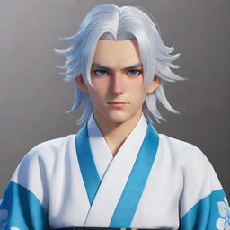 Detailed rendering of Douma, a character from Demon Slayer anime, showcasing his white hair, vivid blue eyes, and elegant kimono.