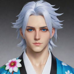 Detailed rendering of Douma, a character from Demon Slayer anime, showcasing his white hair, vivid blue eyes, and elegant kimono.