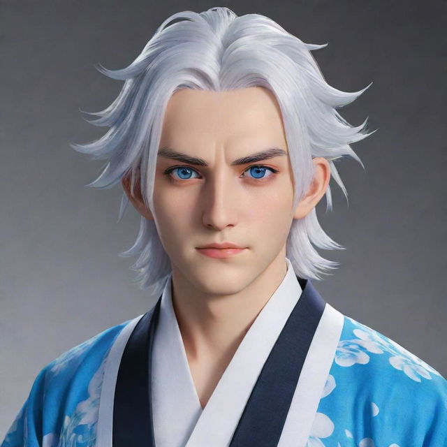 Detailed rendering of Douma, a character from Demon Slayer anime, showcasing his white hair, vivid blue eyes, and elegant kimono.