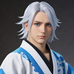 Detailed rendering of Douma, a character from Demon Slayer anime, showcasing his white hair, vivid blue eyes, and elegant kimono.