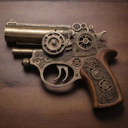 A detailed steampunk pistol with intricate cogs, shining brass details, and refined wooden panels.