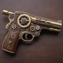 A detailed steampunk pistol with intricate cogs, shining brass details, and refined wooden panels.