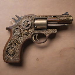 A detailed steampunk pistol with intricate cogs, shining brass details, and refined wooden panels.