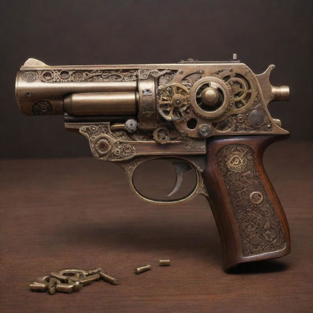 A detailed steampunk pistol with intricate cogs, shining brass details, and refined wooden panels.