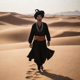 A striking image of a nomadic genie, portrayed against the backdrop of a desert, with swirling sands forming his silhouette and traditional nomadic attire.