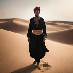 A striking image of a nomadic genie, portrayed against the backdrop of a desert, with swirling sands forming his silhouette and traditional nomadic attire.