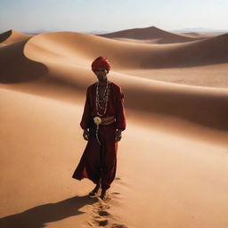 A striking image of a nomadic genie, portrayed against the backdrop of a desert, with swirling sands forming his silhouette and traditional nomadic attire.