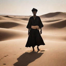 A striking image of a nomadic genie, portrayed against the backdrop of a desert, with swirling sands forming his silhouette and traditional nomadic attire.