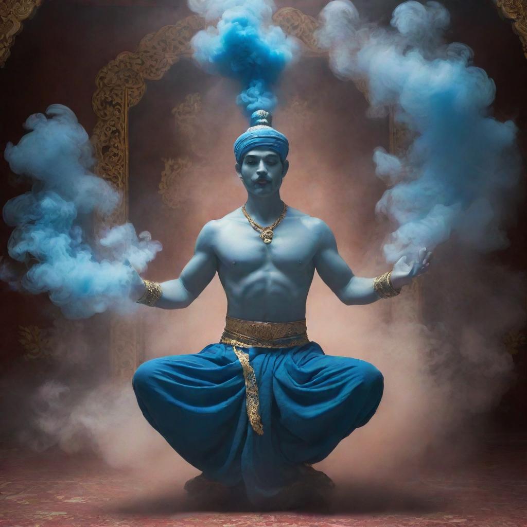 A captivating rendering of a genie appearing from a magical smoke, evoking an ethereal aura, set against an oriental backdrop