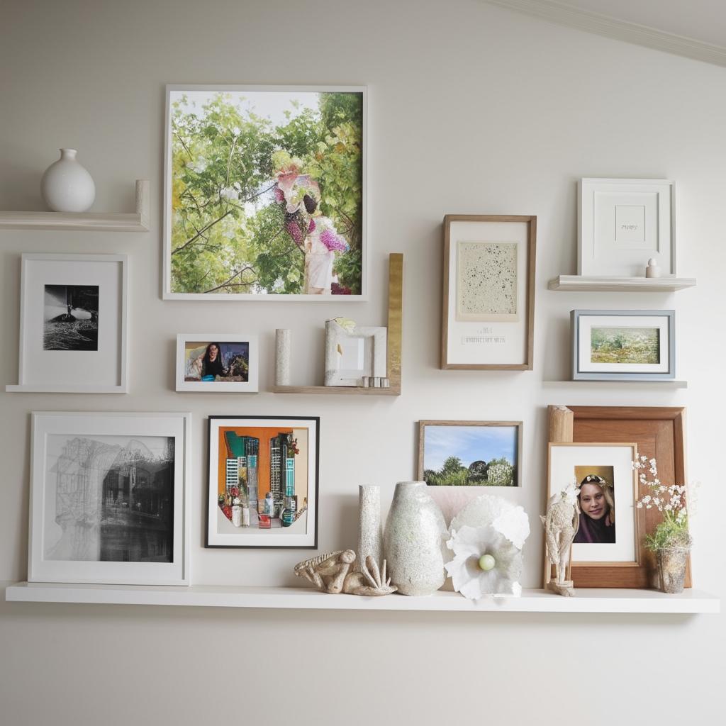 A beautifully decorated wall featuring an eclectic mix of art prints, photographs, and small shelves. The colors are well-coordinated and the layout is balanced.