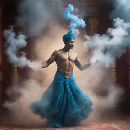 A captivating rendering of a genie appearing from a magical smoke, evoking an ethereal aura, set against an oriental backdrop