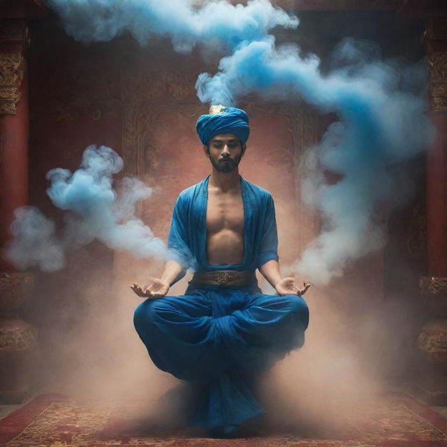 A captivating rendering of a genie appearing from a magical smoke, evoking an ethereal aura, set against an oriental backdrop