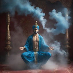 A captivating rendering of a genie appearing from a magical smoke, evoking an ethereal aura, set against an oriental backdrop