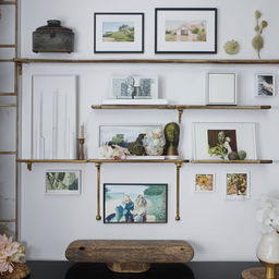 A beautifully decorated wall featuring an eclectic mix of art prints, photographs, and small shelves. The colors are well-coordinated and the layout is balanced.