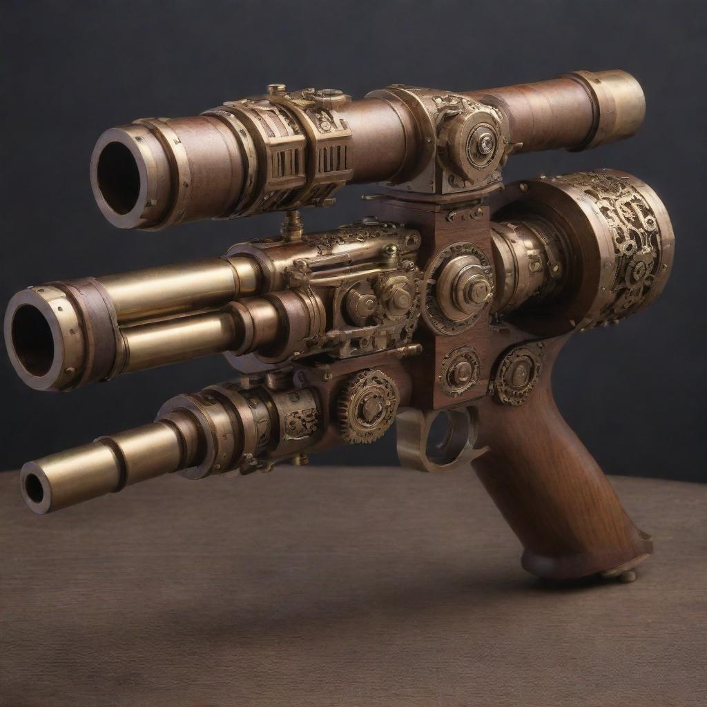 A highly detailed steampunk minigun, bedecked with elaborate gears, shiny brass embellishments, and exquisite wooden finishings.