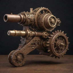 A highly detailed steampunk minigun, bedecked with elaborate gears, shiny brass embellishments, and exquisite wooden finishings.