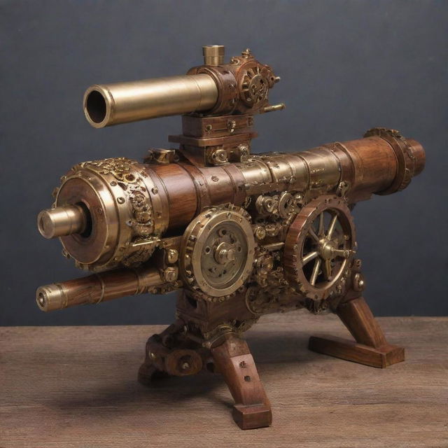 A highly detailed steampunk minigun, bedecked with elaborate gears, shiny brass embellishments, and exquisite wooden finishings.