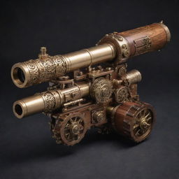 A highly detailed steampunk minigun, bedecked with elaborate gears, shiny brass embellishments, and exquisite wooden finishings.