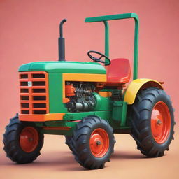 A stylized, animated image of a brightly colored cartoon tractor with exaggerated features.