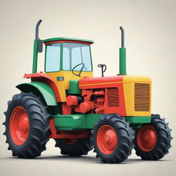 A stylized, animated image of a brightly colored cartoon tractor with exaggerated features.