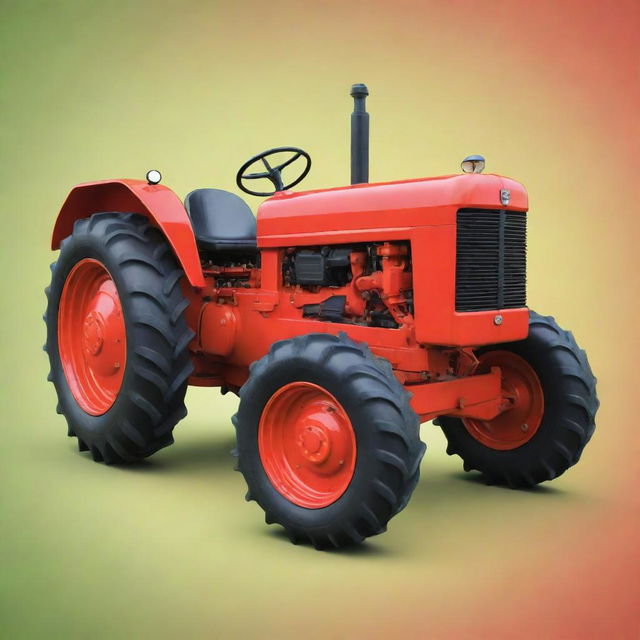 A stylized, animated image of a brightly colored cartoon tractor with exaggerated features.