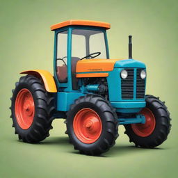 A stylized, animated image of a brightly colored cartoon tractor with exaggerated features.