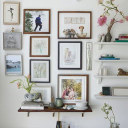 A beautifully decorated wall featuring an eclectic mix of art prints, photographs, and small shelves. The colors are well-coordinated and the layout is balanced.