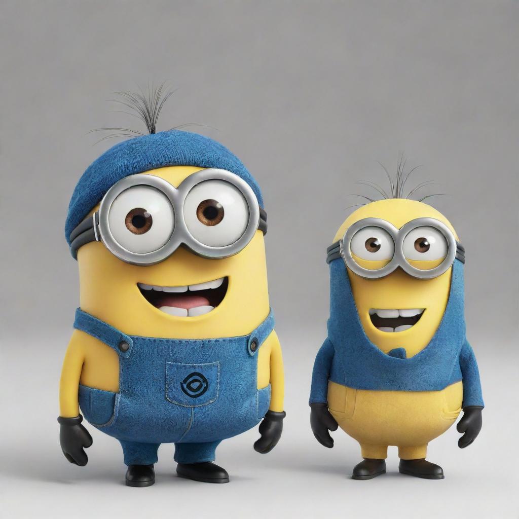 A Blue Bob Minion and a Kevin Minion standing side by side, their cheerful expressions reflecting their playful personas.