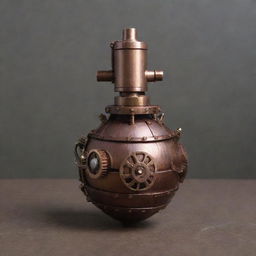 A unique steampunk grenade embellished with intricate brass gears, copper pipes, and rich mahogany details.