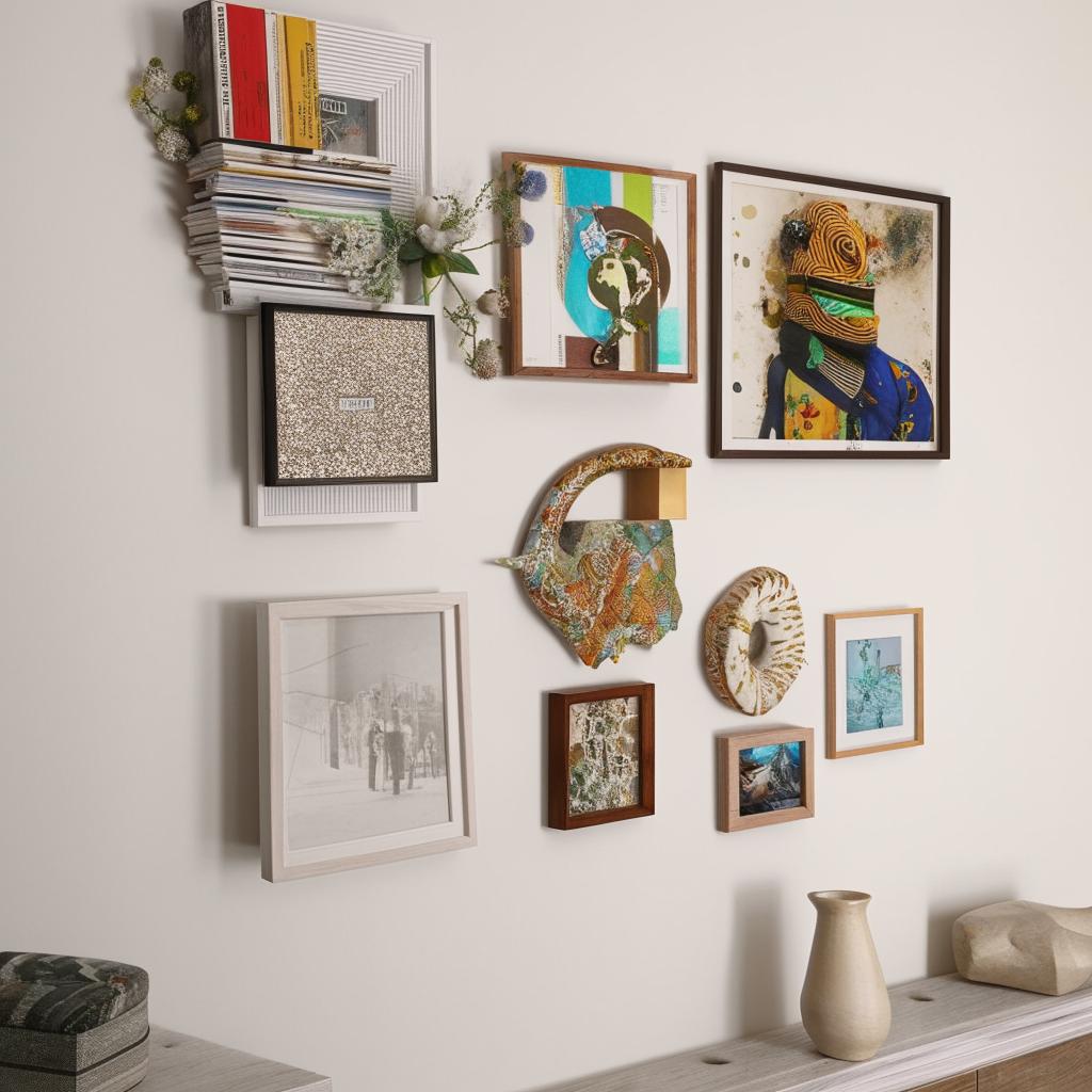 A beautifully decorated wall featuring an eclectic mix of art prints, photographs, and small shelves. The colors are well-coordinated and the layout is balanced.