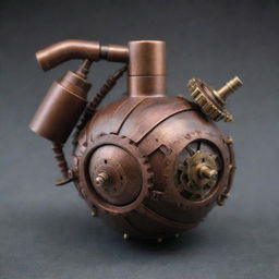 A unique steampunk grenade embellished with intricate brass gears, copper pipes, and rich mahogany details.